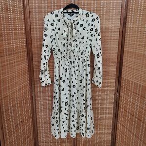 ☆ Hotwind Cream Leapord Print Long Sleeve Midi Dress Size Medium Tan Black
